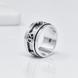 TreasureBay 925 Sterling Silver 11mm Wide Rotating Aum Ohm OM Ring for Men and Women, Sterling Silver