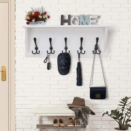 Dseap Wall Mounted Coat Rack Shelf - 24” Heavy Duty Entryway Wall Shelf with 5 Tri Hooks - Solid Pine Wood - for Entryway, Mudroom, Kitchen, Bathroom