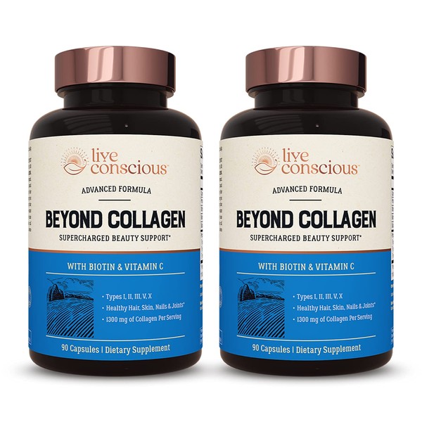 Live Conscious Beyond Collagen Multi Collagen Capsules - Types I, II, III, V & X | Hydrolyzed Blend with Biotin & Vitamin C for Hair, Skin, Nails 90 Capsules (2-Pack)