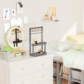 Lolalet Jewelry Organizer Stand Holder, 4-Tier Cute Necklace Holder Stand Rack with 12 Hooks Place Rings Necklaces for Teen Girl Room Decor -Grey