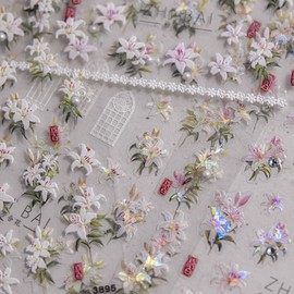 Flower Nail Art Sticker Decals 5D Embossed White Flower Pearl Nail Design Retro Gel Nail Sticker for Nail Art Kit Flower Nail Decor Self Adhesive Nail Art Supplies