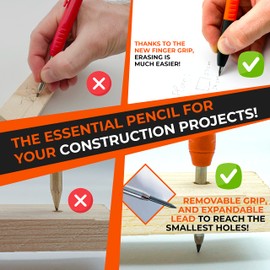 THORVALD New 2-in-1 Carpenter Pencils with Finger Grip for Carpenter (Incl. Leads + Sharpener) Solid Mechanical Pencils with Fine Point/Best Marking tools Construction/Carpenters/Scriber