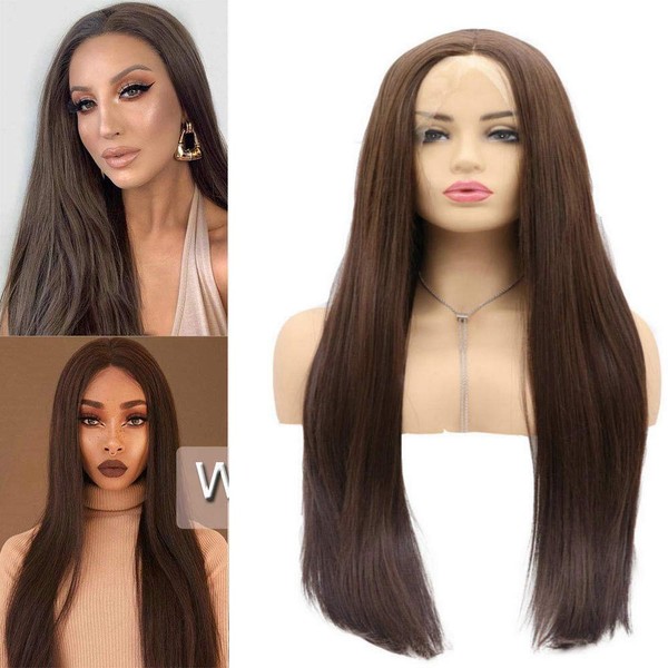 RainaHair Dark Brown Lace Front Wig Long Straight Synthetic Wig Natural Looking Heat Resistant Fiber Middle Parting for Women 26 Inch (8#)
