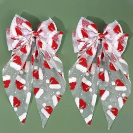 2Pcs Christmas Hair Bows for Women, Santa Hat Hair Clips Cute Hair Barrettes Long Tail French Metal Bow Hair Ribbons Christmas Big Hair Clip Holiday Hair Accessories for Xmas Party Hair Styling Decor
