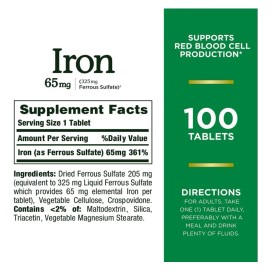 Natures Bounty, Hierro, 65 mg, 100 Tabletas, 325 mg de sulfato ferroso, Apoya la produccin de glbulos rojos, Ayuda a mantener la utilizacin de la...  