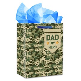 WaaHome Happy Fathers Day Gift Bags with Tissue Paper 11.5''x9''x5'' Medium Fathers Day Gift Bag for Dad Daddy from Daughter Son Kids, Dad My Hero Wrapping Paper Bag