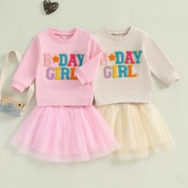 Toddler Baby Girls Birthday Outfits Birthday Girl Embroidery Letter Sweatshirt Tops+Rainbow Tutu Skirt Fall Clothes (Pink Red, 5-6 Years)