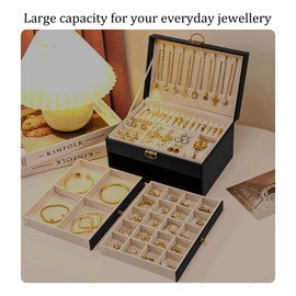 Gcnobaem 3 Layer Jewelry Box,Large Jewelry Organizers and Storage with 2 Drawers, for Big and Small Jewelry,Lockable Vintage Jewelry Case Display Earring Necklace Watch and Rings