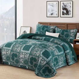 Cottolester King Quilt Set 3 Pieces,Emerald Green Patchwork Quilt Set,Boho Farmhouse Bedspread Soft Microfiber Bedding Set 110"x90"