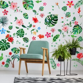 Zonon 66 Pieces Large Hawaiian Floral Wall Decals Jungle Tropical Palm Leaves Window Clings Removable Hibiscus Flower Wallpaper Stickers Green Plants Peel Sticker for DIY Craft Classroom Home Decor