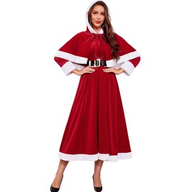 RSLOVE Christmas Dresses for Women - Mrs Claus Santa Costume with Removable Hooded Cape and Belt Holiday Party Outfit Red Medium