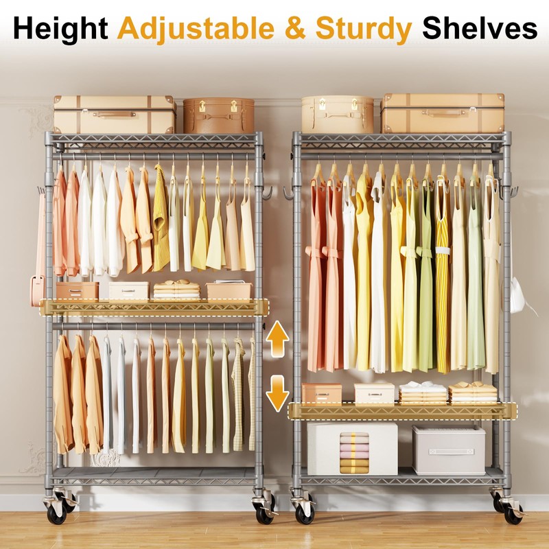ULIFHOME P1 Rolling Clothing Rack with Lockable Wheels, Heavy-Duty Garment