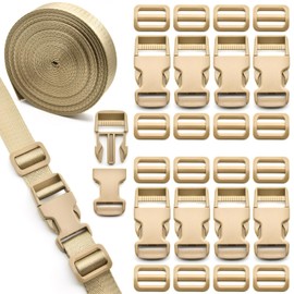 MELORDY 1 inch Buckles Straps Set with 10 Yards Nylon Webbing Strap,10 pcs Quick Side Release Plastic Buckle, 20 pcs Tri-glide Slide Clip for Luggage Strap, Backpack Replacement (Khaki)