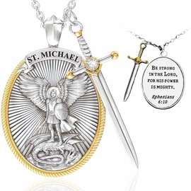 KUMSODE Religious Protector Necklace for Men St Michael Patron Saint Michael Pendant Necklace Locket Jewellery Jesus Cross Pendant Amulet Necklace Gifts for Father's Day
