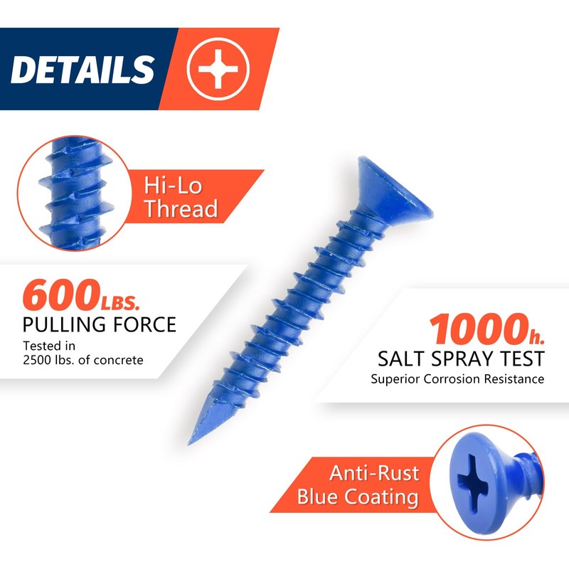 SANJODS 3/16" x 1-1/4" Concrete Screw Anchor, Blue Flat Head