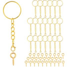 Key Ring with Chain Lobster Clasp 70 Pieces Key Ring Craft Set 35 Key Rings Chain 35 Screw Eye Pins, Key Rings 25 mm for Keys DIY Jewellery Making, Golden