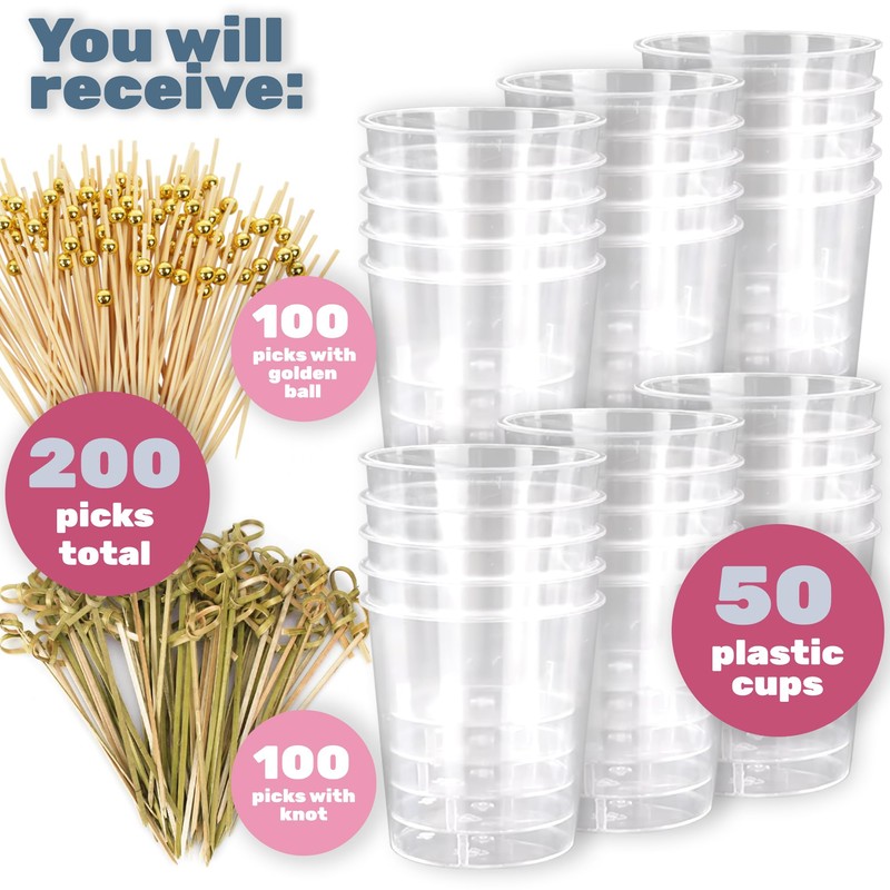 CUSINIUM [50 Cups + 200 Picks] 5.75oz Rounded Plastic Cups