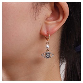 Dervivea Boho Evil Eye Hoop Earrings Vintage Gold Pearl Earrings Crystal Evil Eye Dangle Earring Turkish Evil Eye Drop Earrings Jewelry for Women and Girls