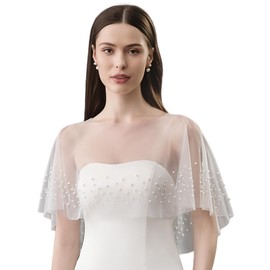YAEISM Pearl Wedding Shawl White Wrap Shrug Bridal Cape Sheer Tulle Wedding Cape Dress Cover Up Evening for Women Girls Dresses