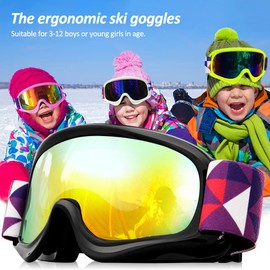 Tyuodna Kid Ski Goggles, 100% UV Protection Anti-fog Skiing Snowboard Goggles, Skiing Snowboarding Goggles of Dual Lens for 3-12 Years Boys and Girls, for Cycling Riding/Climbing/Skiing (Black)