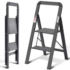 KINGRACK Step Ladder, 2 Steps, Folding Step Ladder with Handrail, Non-Slip Household Ladder with Folding Safety, Aluminium Step Stool, Maximum Load 150 kg, Black