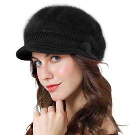 Genfien Women Thick Fleece Lined Winter Hat Knitted Hat Vintage Crochet Peaked Hat Chic Lightweight Winter, black