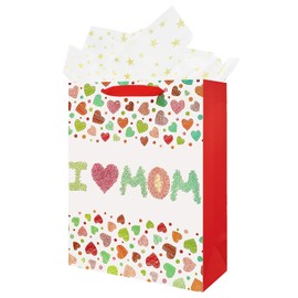 OFIHANLY Medium Size I Love Mom Birthday Gift Bag with Handles for Mother's Day,Gift Bags for New Mom Heart Design Paper Bag with Tissue Paper,12.5x9.7x4.3 Inch,1Pcs