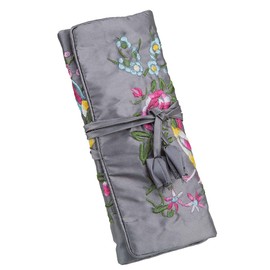 mookaitedcor Garden Design Embroidered Jewellery Roll with Beautiful Flowers, Bag Organiser for Earrings, Necklaces, Bracelets, Watch, Grey