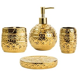 Bathroom Accessory Set Complete , Luxury Embossing Bath Accessories Home 4 Piece Bath Accessory Sets with Gold Soap Dispenser , Toothbrush Holder , Tooth Mug and Soap Dish.Gold.