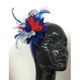 Union Jack Royal Blue White and Red Flower Feather Hair Fascinator on Headband Alice Band Royal Wedding Party Ascot Races