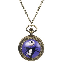 JewelryWe Father's Day Gift Pocket Watch Men's Retro Royal Flush / Compass / Flowers / Bell / Motorcycle Chain Watch Analogue Quartz Watch Pendant with Necklace Chain Bronze Gift for Men, Skull -