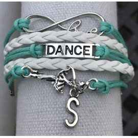 Love Dance Bracelet - White and Teal Braided Multi-Strand Adjustable Dance Accessories Charm Bracelet with Ballerina and Custom Initial Letter Pendant for Dancers