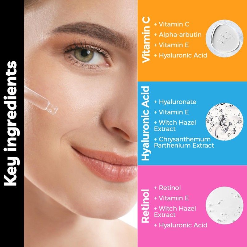 Face Serum 3 Pack with Vitamin C, Retinol and Hyaluronic