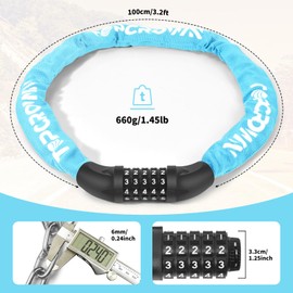 Topcrown Bike Chain Lock 3.2 ft Long High Security Heavy Duty Anti Theft, 5 Digit Combination Resettable Keyless Bicycle Lock for Bike/Electric Scooter/Ebike/Motorcycle (Sky Blue)