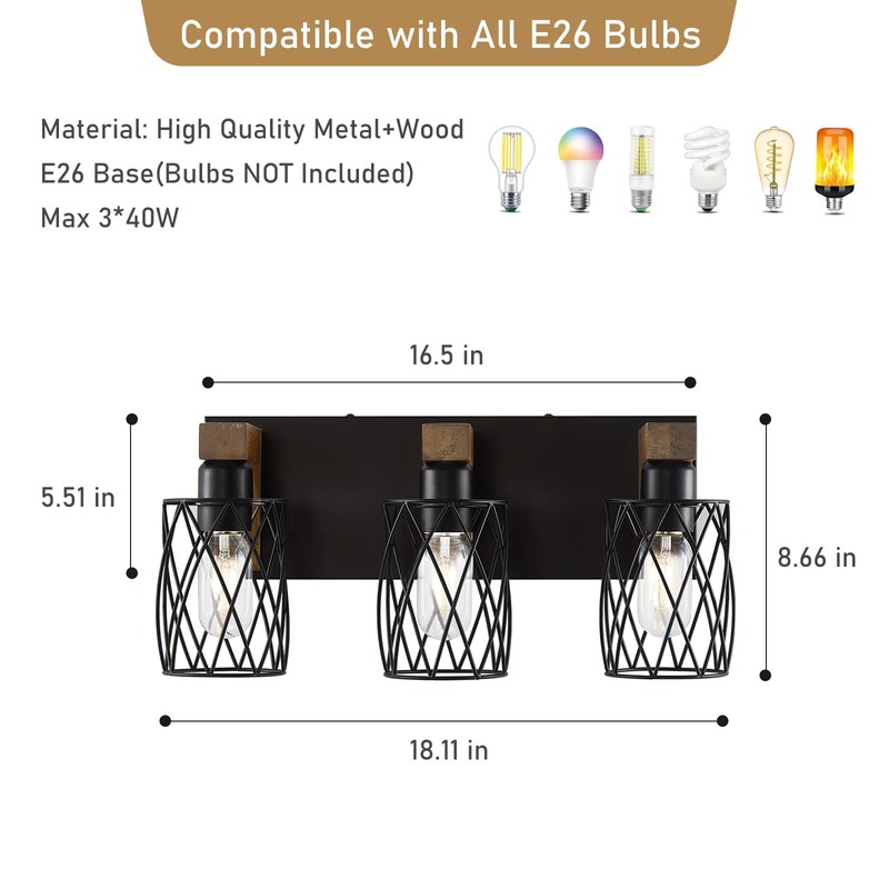 Farmhouse Bathroom Vanity Light, 3-Light Wood Bathroom Light Fixtures Over