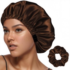 QFE Adjustable Silk Bonnet for Sleeping Women Hair Satin Accessories Curly Gorro de Seda para Dormir Anti Frizz Sleep Bonnets Double Layer Satin Lined Bonus, Matching Hair Scrunchie, Brown