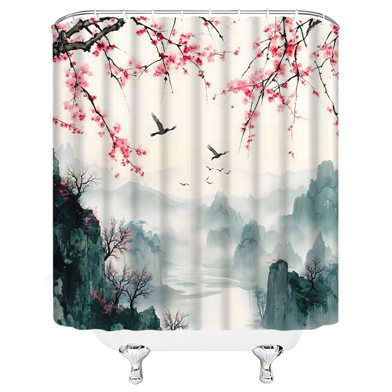 Cherry Blossom Mountain Shower Curtain,Pink Floral Misty Forest Asian Japanese