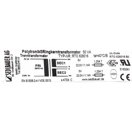 Sedlbauer 826016 Polytronik Basic Toroidal Transformer 50 VA - Input 230 V - Output 2 x 22 V, 44 V - 2 x 1.14 A
