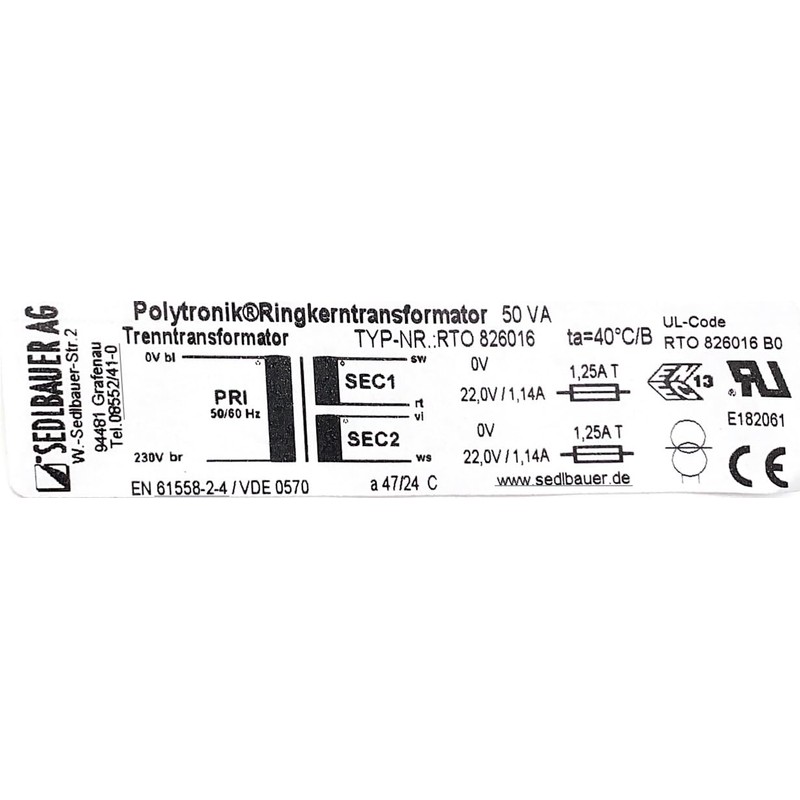 Sedlbauer 826016 Polytronik Basic Toroidal Transformer 50 VA - Input