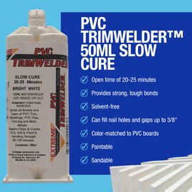 PVC TrimWelder Slow Cure 50 ML Cartridge and 2 Included Qwik Mixers, Will not Foam, Run or Drip, Ready in 90 to 120 Minutes, Medium Viscosity and Solvent-Free White