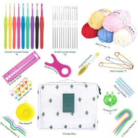 Crochet Hooks Set, Qianyou Knitting Kit for Beginners, Cross Stitch Kits for Adults, with 21pcs Crochet Hooks from 0.6mm to 6mm, Wool, Scissors, Portable Bag, Embroidery Kits for Adults