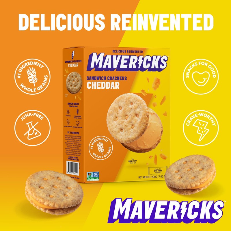 Mavericks Sandwich Crackers Cheddar - Cheese Filled Whole Grain Sandwich