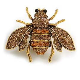 Vintage Inspired Champagne/Amber Crystal Bee Brooch In Aged Gold Tone Metal - 38mm Across