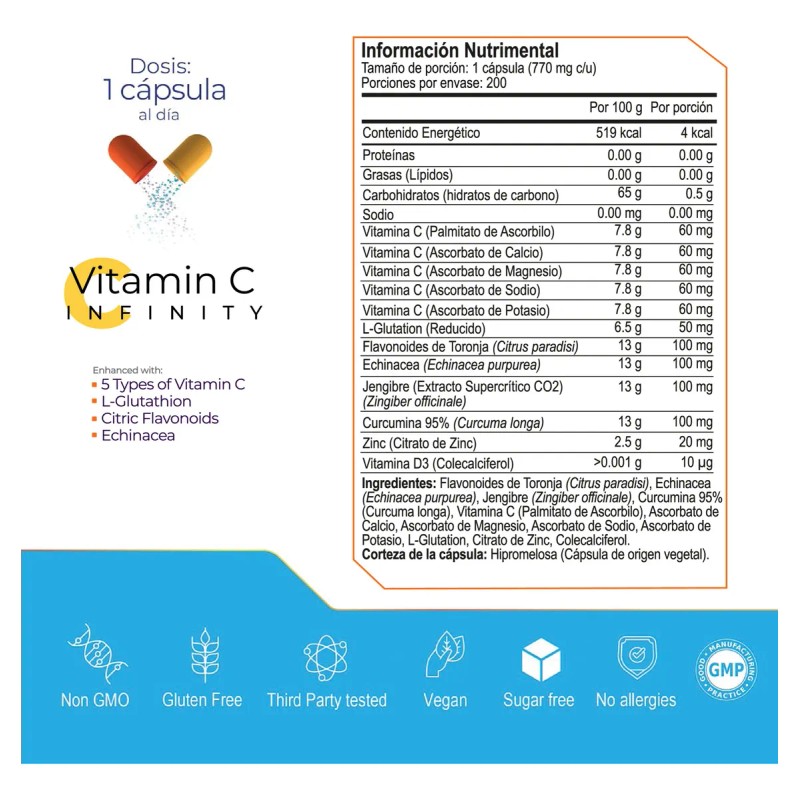 VITAMIN C INFINTIY GLUTATION 200 capsulas (770mg por porcion) Complejo