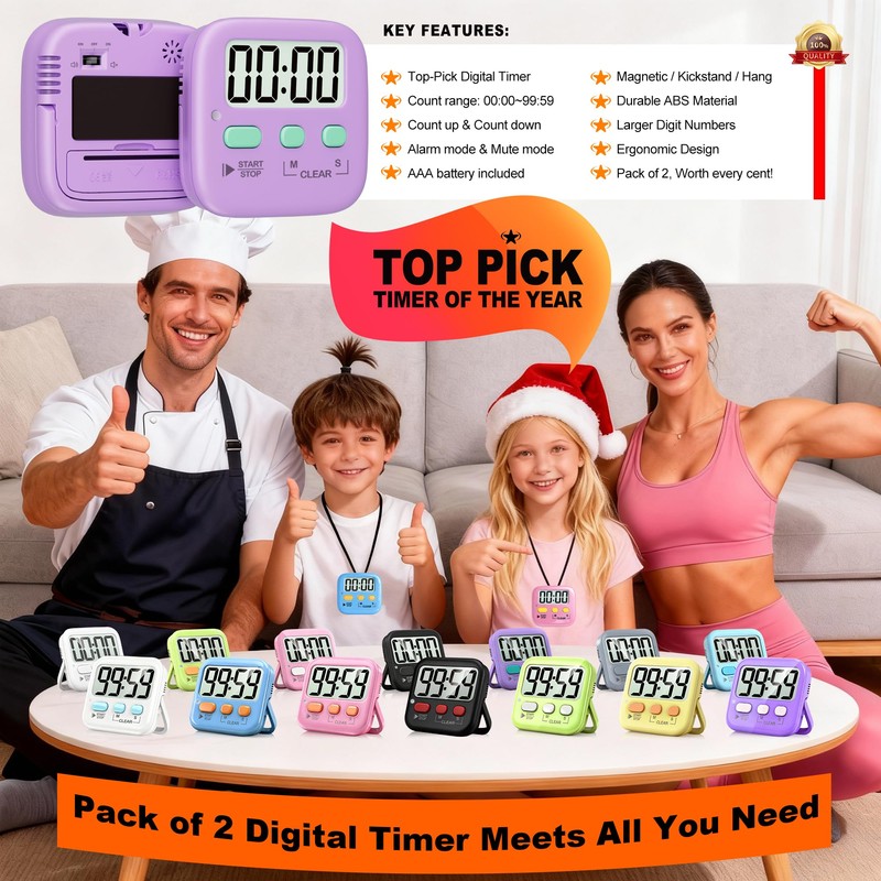 Antonki 2 Pack Digital Timer for Kids, Magnetic Countdown Kitchen