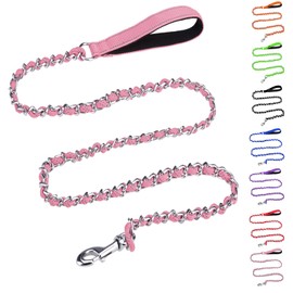 HOMIMP Chew Proof Dog Leash for Medium Large Dogs, Reflective 6 FT Heavy Duty Metal Chain Dog Leashes with Soft Padded Handle, Anti Bite Durable Rope Leashes for Pitbull, Non Chewable, Light Pink