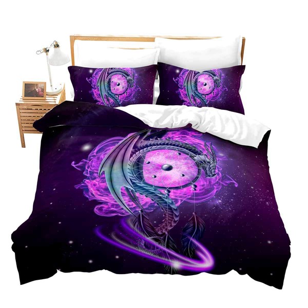 Erosebridal Galaxy Bedding Set Full Size Dream Catcher Comforter Cover Boho Theme Duvet Cover Set Dragon and Feather Printed 3 Piece Bedding Decorative with 2 Pillow Cases for Kids Adults,Purple