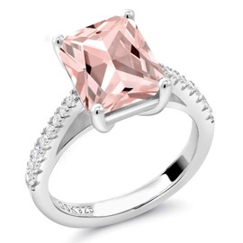 Gem Stone King 925 Sterling Silver Peach Simulated Morganite and White Created Sapphire Ring For Women (3.46 Cttw, Emerald Cut 10X8MM, Available In Size 5, 6, 7, 8, 9)