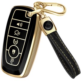 Lucrum Compatible with Ford Key Fob Cover & Leather Keychain, 5 Buttons Keyfob Case for F150 F250 F350 F450 Edge Explorer Fusion Mustang Ranger (2018-2025) - Black and Gold