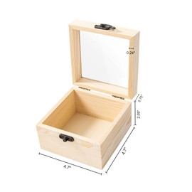 Useekoo 2Pcs Small Wooden Box with Hinged Lid,Unfinished Wood Box with Glass Lid, Small Wooden Jewelry Box for Gift, Home Decorations, Crafts for Men, 4.8'' x 4.8'' x 3.2''